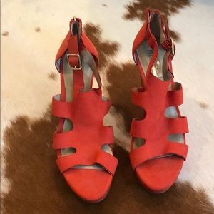 Coral suede heeled wedges